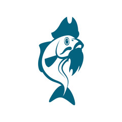 Vector blue carp with beard and pirate hat. Pirate fish logo template for fishing business card, branding and corporate identity.