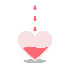 The heart fills with blood.Drops are falling down.The concept of blood donation.Medical laboratory, assistance, treatment, donor, volunteer.RH factor.Flat vector illustration on a white background
