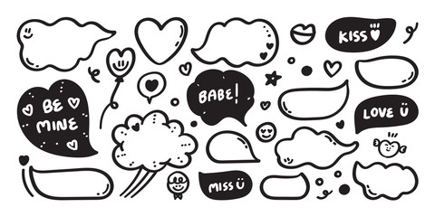 Hand drawn set of speech bubbles with dialog words:yes, hello, no, love you, ok, Vector illustration.