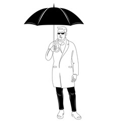 Elderly man in a fashionable coat with a black umbrella