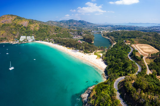 Aerial view of Nai Harn beach during high season, Phuket island, Thailand
