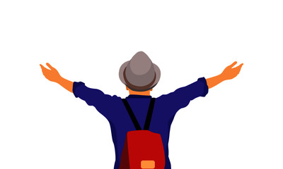 Illustration of a traveler wearing a hat. Glad to find the destination.isolated in white background