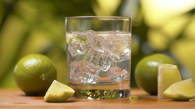 Close up glass of tonic, soda fizzy water with ice and piece of lime over background of tree leaves. Refreshing mineral water. Cold lemonade drinks. Limes on the table. Healthy fresh eating concept