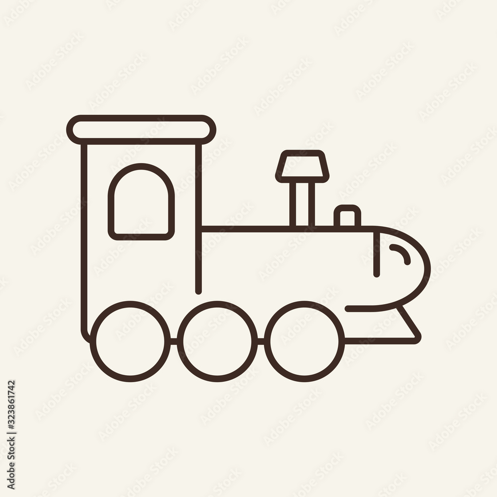 Poster Locomotive toy contour. Game. Education concept. Flat vector. Thin line icon. Illustration can be used for web design, printing, advertising, decoration