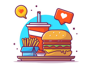 Tasty Combo Menu Hamburger, French Fries, Soda, and Sauce with Love Sign Vector Illustration. Flat Cartoon Style Suitable for Web Landing Page,  Banner, Flyer, Sticker, Wallpaper, Card, Background