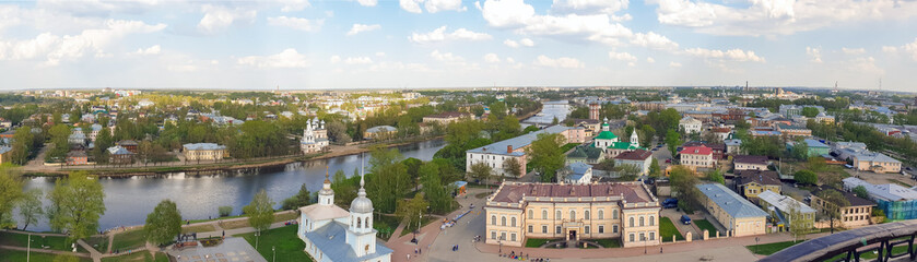 Fototapeta na wymiar Vologda river, panorama; a historical and modern part of the city. Spring. Sunny day.