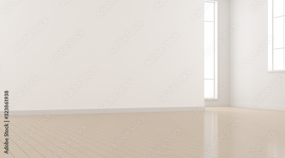 Poster mock-up of white empty room and wood laminate floor with sun light cast the shadow on the wall,persp