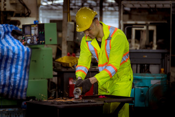 Engineer industry wearing safety uniform ,black gloves and gas mask show hand signal no entry chemical dangerous area in industry factory work.