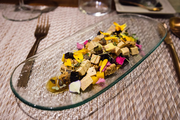 Beautiful decorated dish of international fusion cuisine