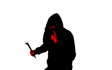 Criminal with crowbar isolated on white background. Robber in dark hoodie. Face and hands in red lights.