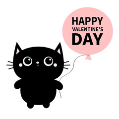 Happy Valentines Day. Black cat toy icon holding balloon. Big eyes. Kitty kitten standing. Funny Kawaii animal. Kids print. Cute cartoon baby character Pet collection. Flat design White background