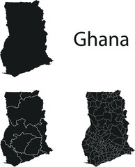 Ghana vector maps with administrative regions, municipalities, departments, borders