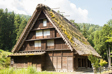 Fototapeta na wymiar Photograph of an old Japanese house made of wood with earth roof