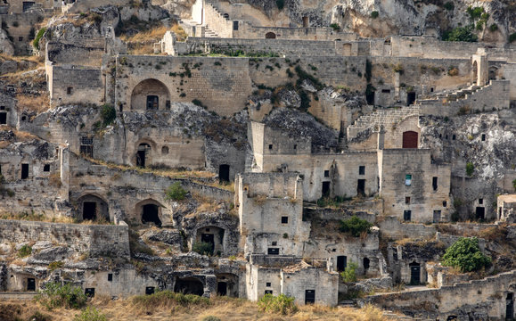 Panoramic view of Sassi di Matera a historic district in the city of Matera, well-known for their ancient cave dwellings from the Belvedere di Murgia Timone,  Basilicata, Italy