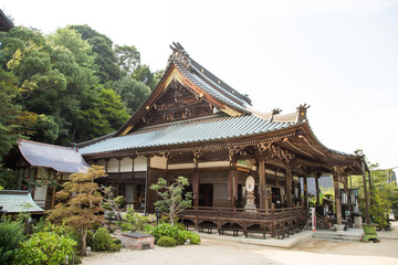 Photograph of a Japanese temple with some bonsai