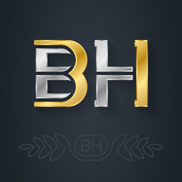 BH - international 2-letter code of Bahrain. Initials or silver logo for personal brand. B and H - Metallic 3d icon or logotype template. Design element with line art option.