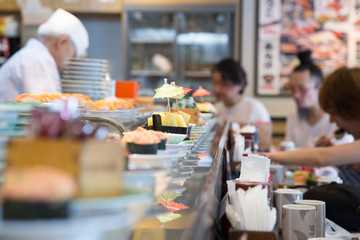 Photograph of a food slide bar with blurred background