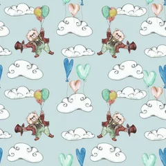 Wallpaper murals Animals with balloon Watercolor hand drawn artistic flying teddy bear children seamless pattern