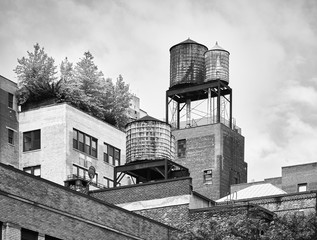 Black and white picture of water tanks in New York, USA.