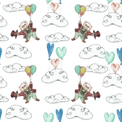 Velvet curtains Animals with balloon Watercolor hand drawn artistic flying teddy bear children seamless pattern
