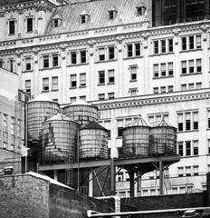 Black and white picture of water tanks in New York, USA.