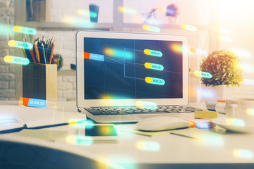 Naklejka premium Multi exposure of desktop computer and technology theme hologram. Concept of software development.