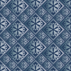 Islamic vector design. Seamless pattern oriental ornament. Blue and silver textile print. Floral mandala tiles.