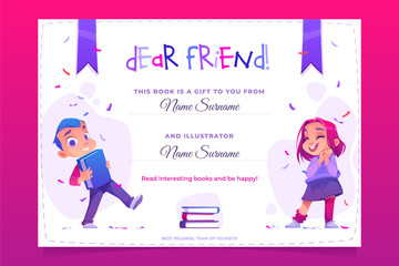Gift book banner, present card to child. Creative flyer with schoolboy carry volume in hands, girl stand near stack of textbooks on bright background with confetti and bows Cartoon vector illustration