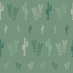 Green cowboy boots cactus seamless pattern background