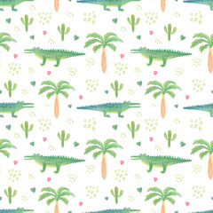 Crocodile seamless pattern in childish cartoon style on white background. Watercolor and pencil hand drawn funny crocodiles for children textile, print, bacground, wallpapper, fabric. Cute aligator. 