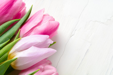 Beautiful fresh pink tulips on white wooden table close up
