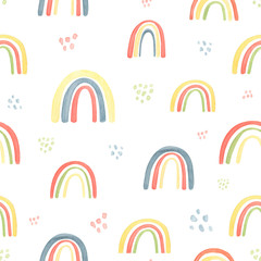 Childish style watercolor rainbow pattern in vintage colors. Seamless pattern on white background. For childrens, kids textile, baby  fashion. Trend palett for spring, summer season. Abstract pattern.