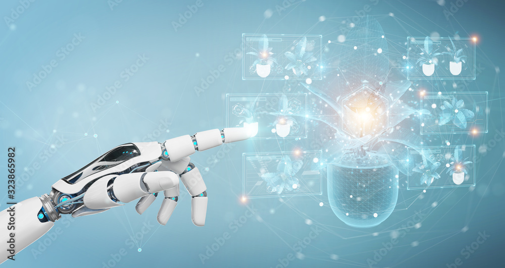 Leinwandbilder robot hand holding and touching holographic projection of a plant with digital analysis 3d rendering