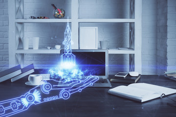Desktop computer background in office and start up theme hologram drawing. Double exposure. Startup concept.