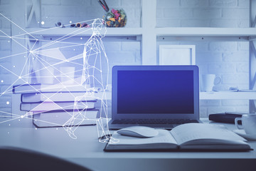 Desktop computer background in office and start up theme hologram drawing. Double exposure. Startup concept.