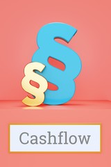 Cashflow. Begriff auf Schild. Präsentation von Paragrafen auf Podest in Museum. Symbol für Recht, Gesetz, Urteil. Rosa Hintergrund