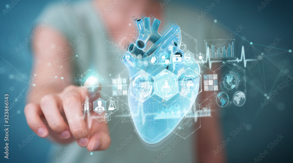Poster woman using digital x-ray of human heart holographic scan projection 3d rendering