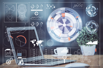 Technology theme drawing and table with computer. Multi exposure. Concept of information.