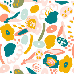Seamless pattern with colorful floral elements. Cute texture with abstract hand drawn flowers. Design for fabric, wrapping paper, wallpaper, interior decor and more