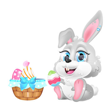 Cute Easter hare with eggs basket kawaii cartoon vector character. Adorable and funny animal spring holiday eggs hunting symbol isolated sticker, patch. Anime baby bunny emoji on white background