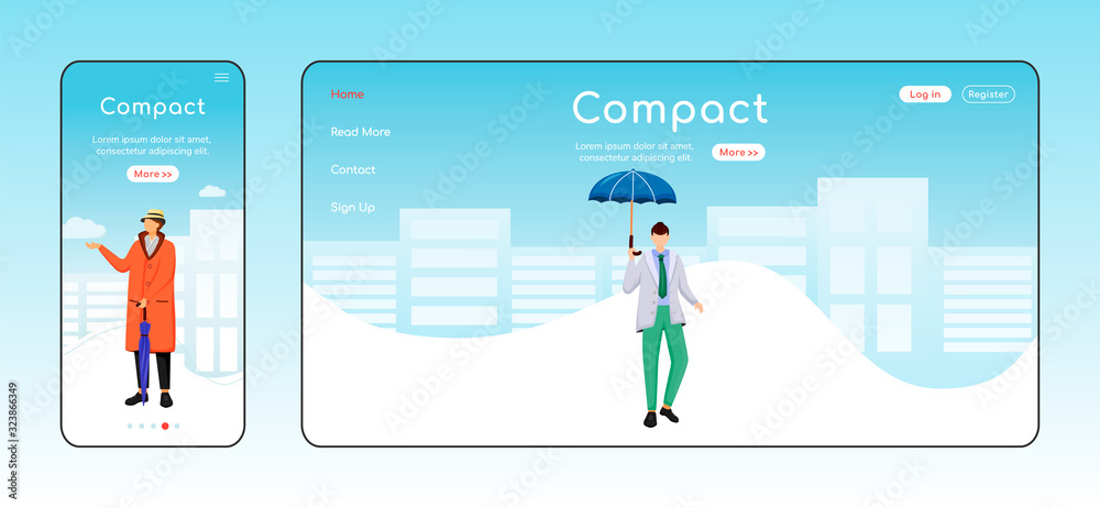 Wall mural compact umbrella landing page flat color vector template. mobile display. man in jacket homepage lay