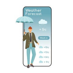 Weather forecast cartoon smartphone vector app screen. Mobile phone display with flat character design mockup. Male with umbrella. Caucasian man in jacket. Meteorology application telephone interface