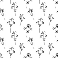 Hand drawn vector illustration. Seamless pattern with simple  flowers. Children's Doodle drawing, primitive, childish. Black lines on white. For decoration, textiles.
