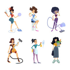 Naklejka premium Housewives flat cartoon vector illustrations kit. Women doing domestic chores. Zodiac signs personalities types. Ready to use 2d comic character set templates for commercial, animation, printing