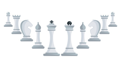 Row of white chess pieces ascending. Strategy board game.