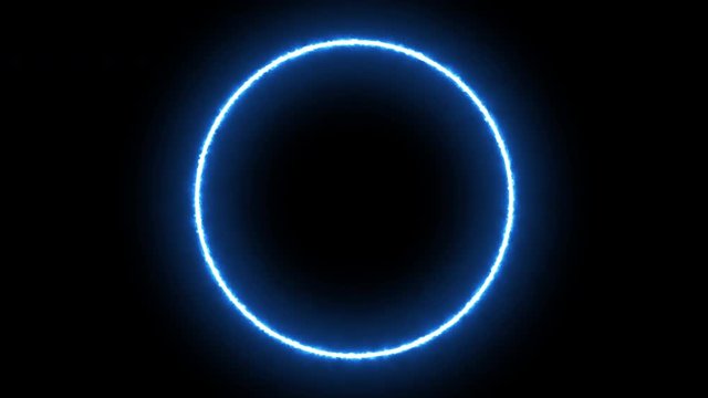 Empty circle, wheel frame with electric power border glowing, burning flame sign. Blank circle fire with electric power around frame lights. The best stock of animation round blue electric power