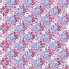 seamless watercolor pattern with painted pink-blue flowers on a light background