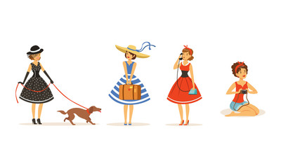 Collection of Beautiful Young Women Dressed Retro Style Fashion Clothes, Pretty Girls in Different Situations Vector Illustration