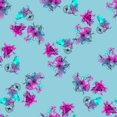 seamless watercolor pattern with painted flowers in green-blue colors on a light background.