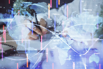 International business hud over woman's hands writing background. Concept of hard work. Double...